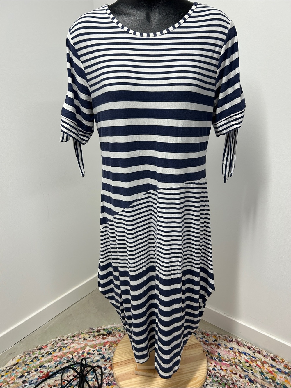 M Made in Italy Navy White Striped Tie Sleeve Tulip Hem Midi Dress Medium